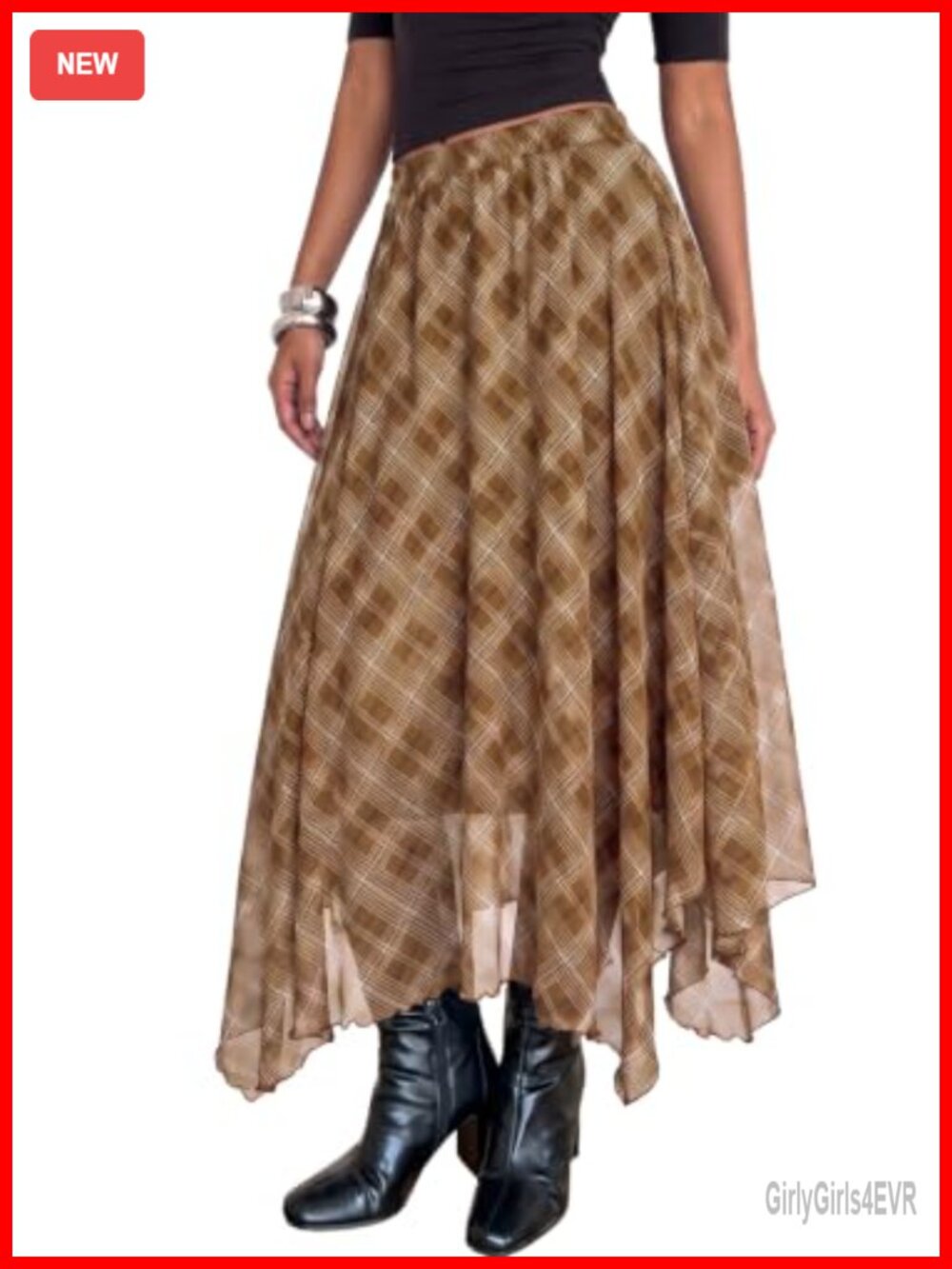 BLENCOT Plaid Flowy Maxi Skirt Asymmetric A-Line High Low Hem